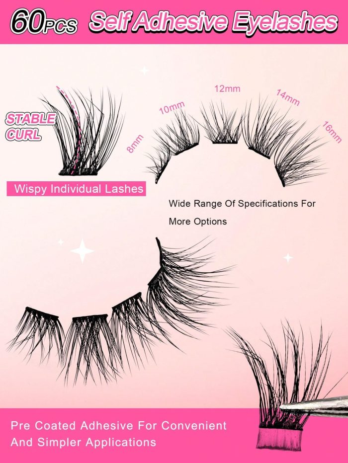 60Pcs Self Adhesive Individual Cluster Lashes Kit 8-16mm DIY Lash Extension Set With Tweezers And Lash Clurler C Curl Press On Segmented Lashes No Glue Needed Spikes Eyelashes - Image 6