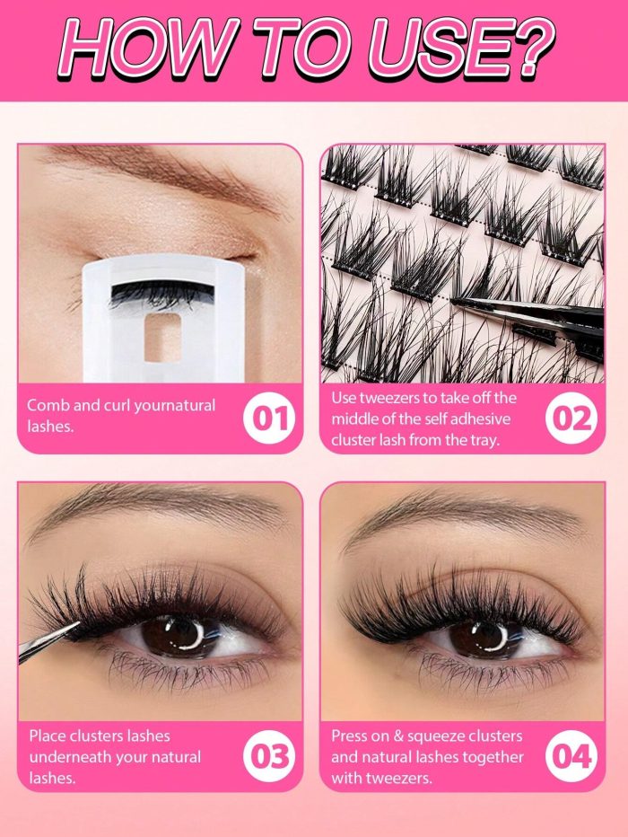 60Pcs Self Adhesive Individual Cluster Lashes Kit 8-16mm DIY Lash Extension Set With Tweezers And Lash Clurler C Curl Press On Segmented Lashes No Glue Needed Spikes Eyelashes - Image 9