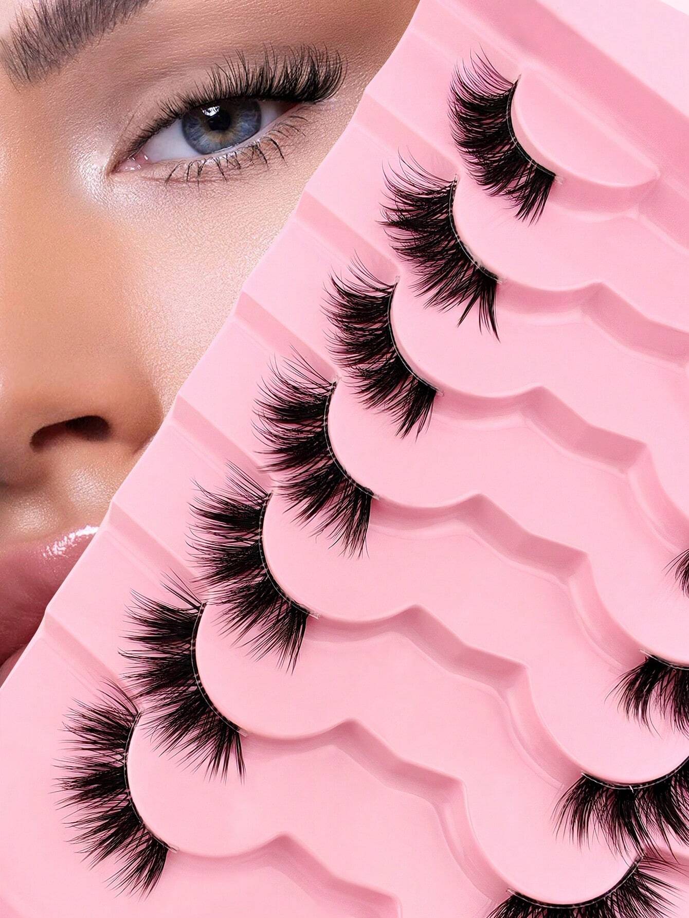 7 Pairs Half Lashes Cat Eye With Clear Band Wispy False Eyelashes Natural Look 3/4 Corner Lashes Short Accent Lashes With Transparent Band