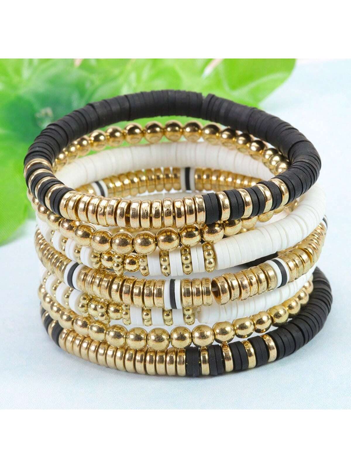 7pcs Fashionable Black And White Soft Ceramic Casual Beach Bracelet Set - Image 2