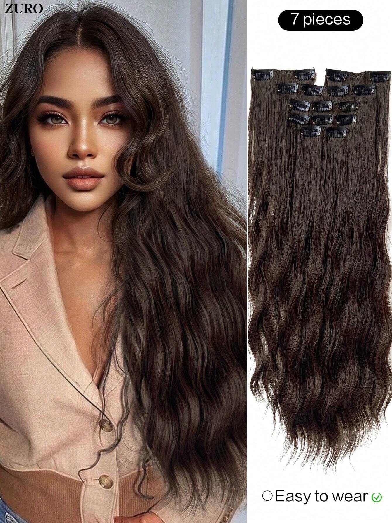 Clip In Hair Extensions Brown Color 16 CLips 24 Inch Long Water Wave Hair Extension For Girl Women Full Head Synthetic Hair Extensions Hairpieces
