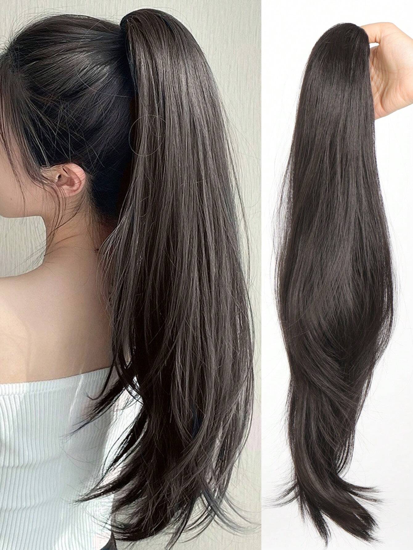 Long Straight Claw Clip Ponytail Fake Hair 24 Inch Black Brown Synthetic PonytaiL