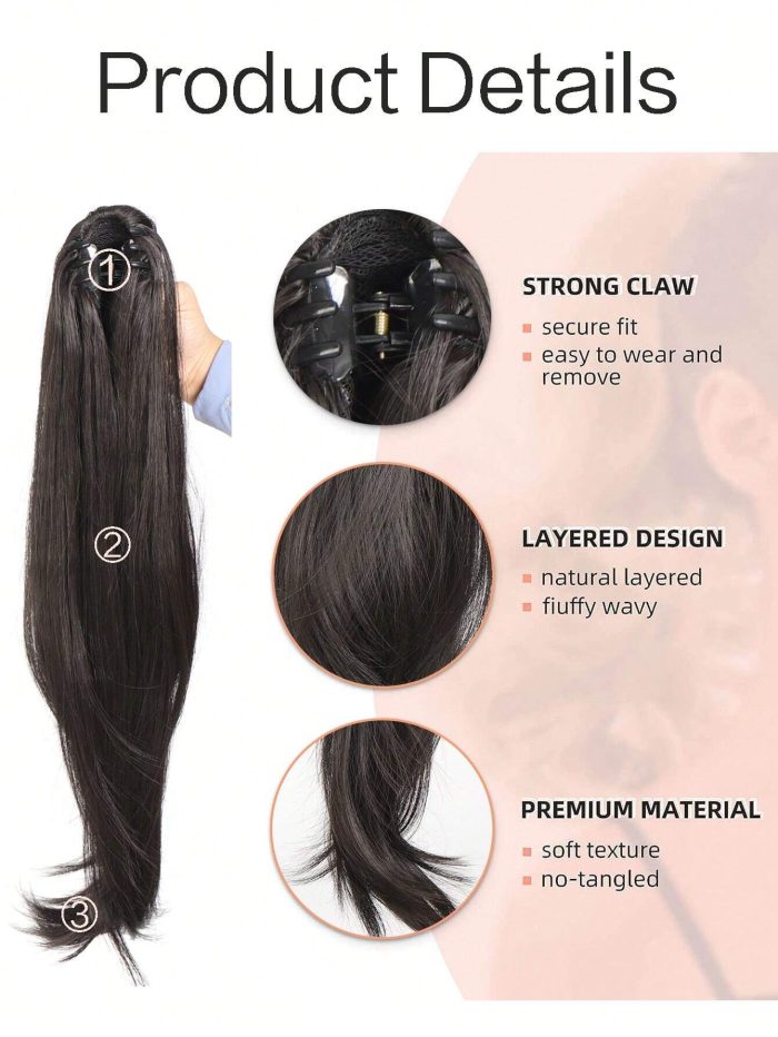 Long Straight Claw Clip Ponytail Fake Hair 24 Inch Black Brown Synthetic PonytaiL - Image 3