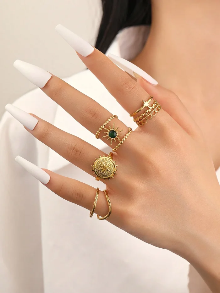 Onelike 4pcs Stainless Steel Gold Crown, Sun, Flash Shield Logo Men And Women Open Hollow Ring Set