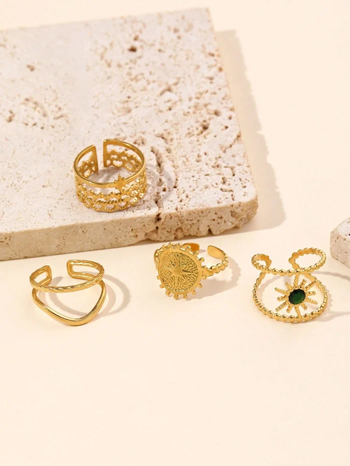 Onelike 4pcs Stainless Steel Gold Crown, Sun, Flash Shield Logo Men And Women Open Hollow Ring Set - Image 2