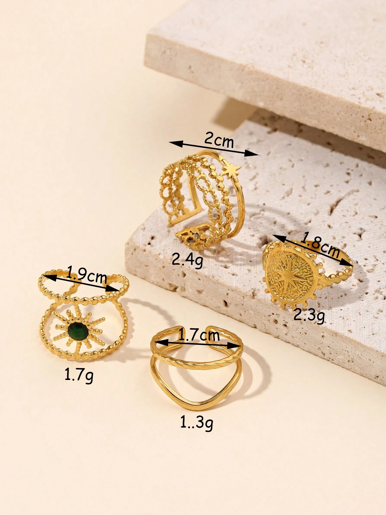 Onelike 4pcs Stainless Steel Gold Crown, Sun, Flash Shield Logo Men And Women Open Hollow Ring Set - Image 3