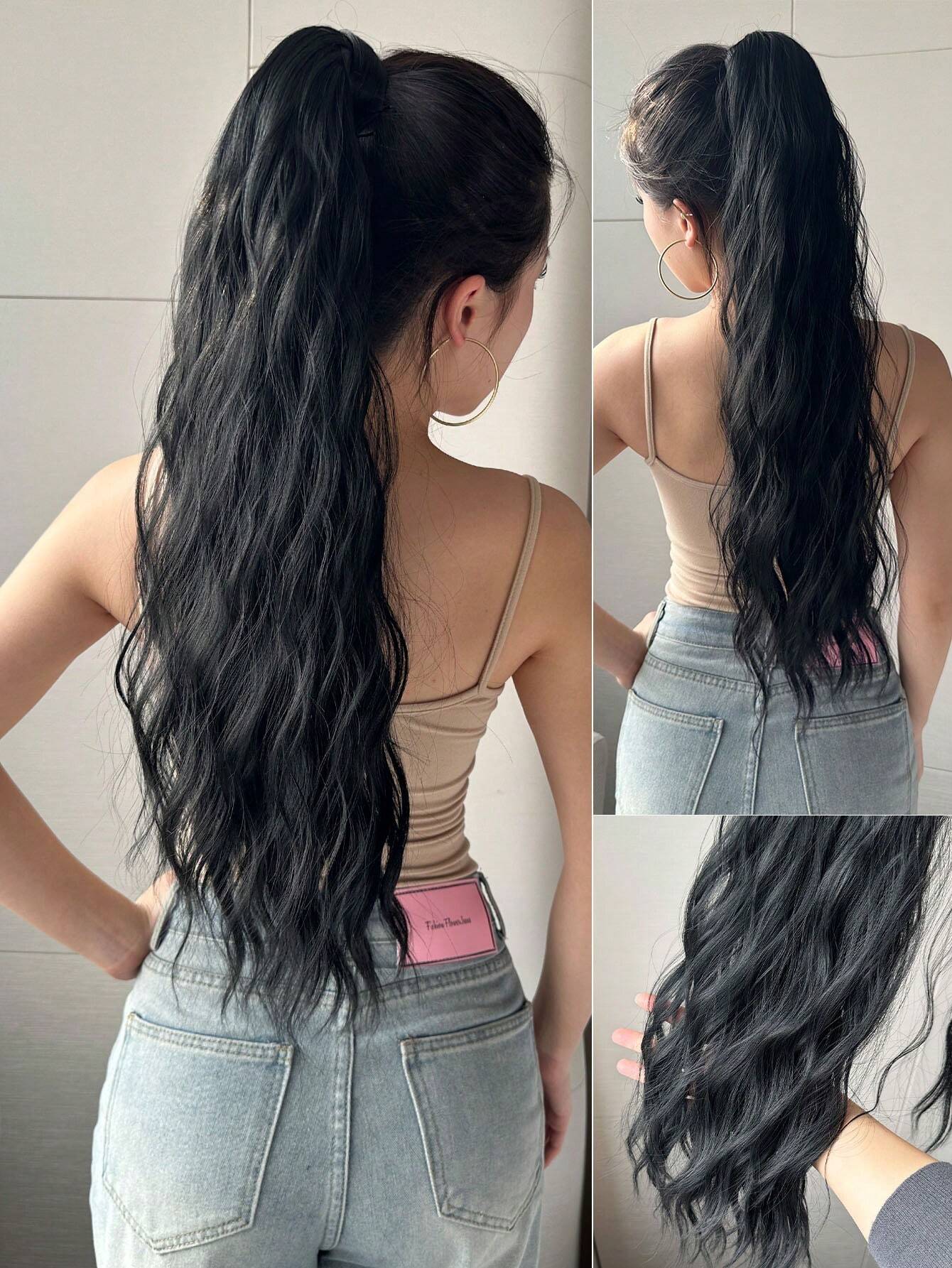 Ponytail Extension Claw 22-24 Inch Curly Wavy Clip In Hairpiece One Piece Long Pony Tails For Women Black Claw Ponytail Extension
