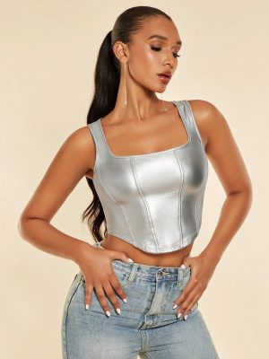 SHEIN BAE Square Neck Asymmetrical Hem PU Leather Tank Top