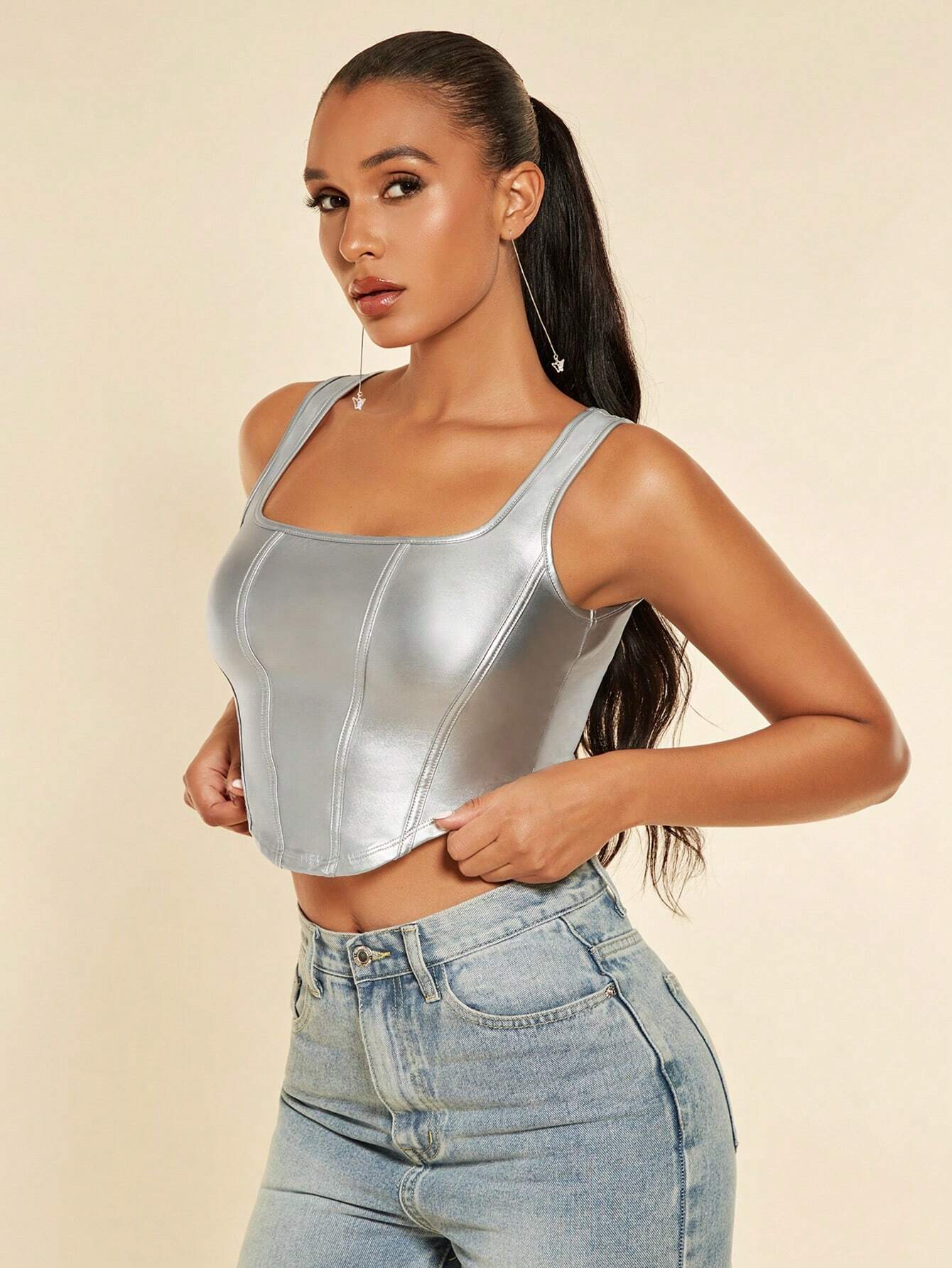 SHEIN BAE Square Neck Asymmetrical Hem PU Leather Tank Top - Image 3