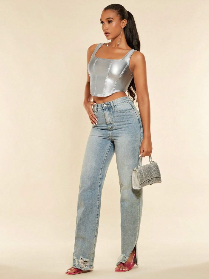 SHEIN BAE Square Neck Asymmetrical Hem PU Leather Tank Top - Image 4