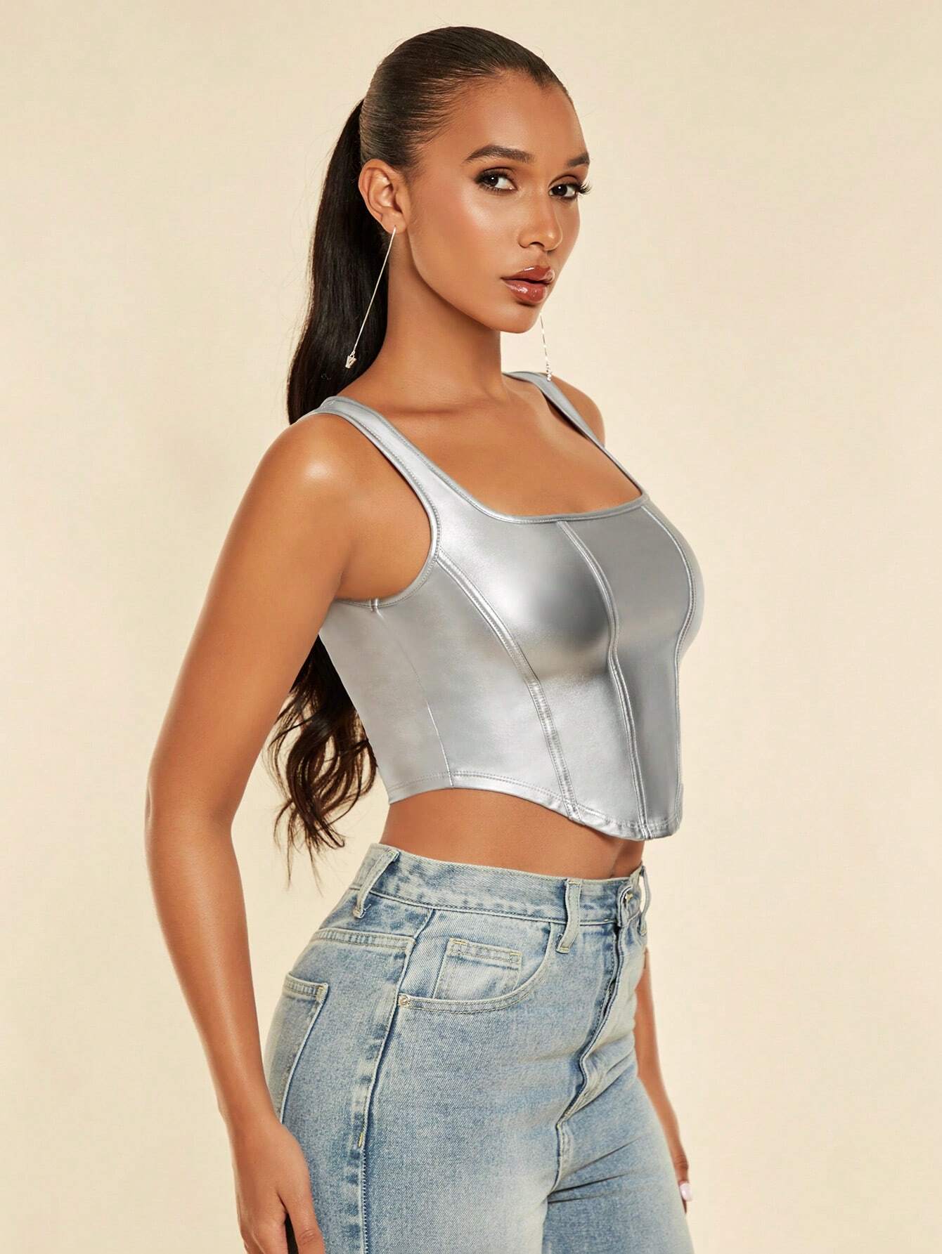 SHEIN BAE Square Neck Asymmetrical Hem PU Leather Tank Top - Image 5