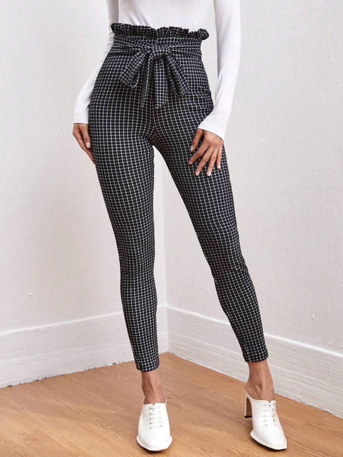 SHEIN Clasi Tie Front Paperbag Waist Plaid Skinny Pants Workwear