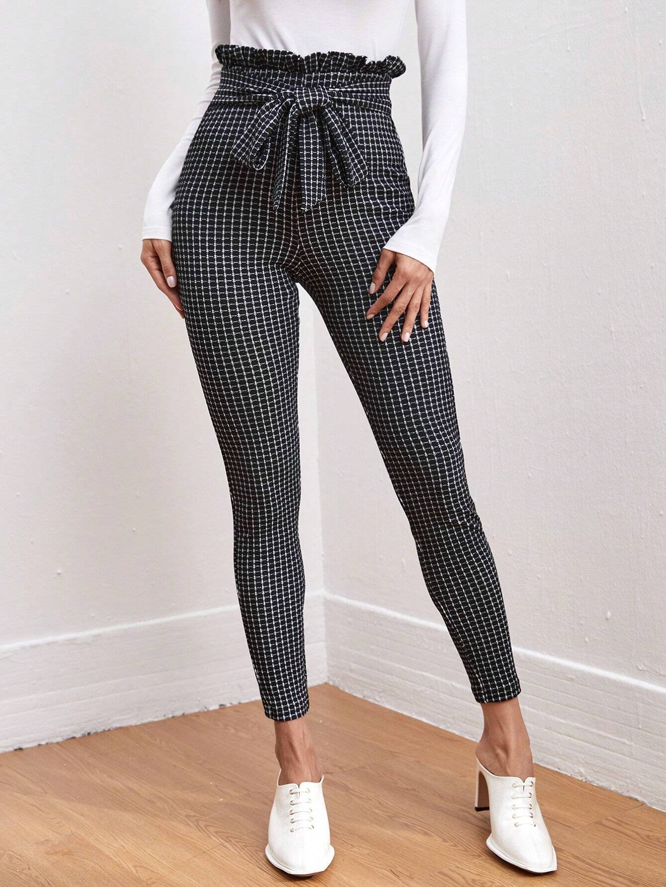 SHEIN Clasi Tie Front Paperbag Waist Plaid Skinny Pants Workwear