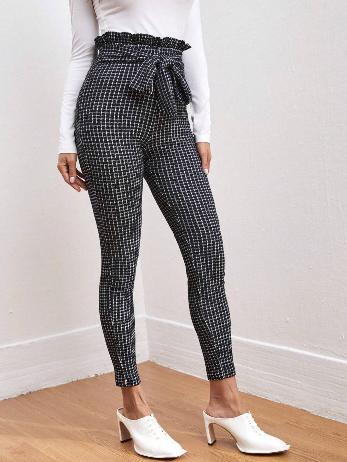 SHEIN Clasi Tie Front Paperbag Waist Plaid Skinny Pants Workwear - Image 3