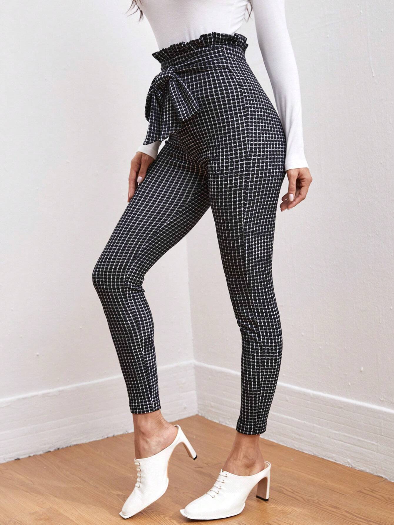 SHEIN Clasi Tie Front Paperbag Waist Plaid Skinny Pants Workwear - Image 4