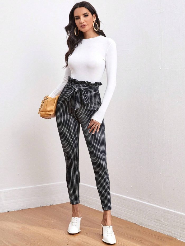 SHEIN Clasi Tie Front Paperbag Waist Plaid Skinny Pants Workwear - Image 5