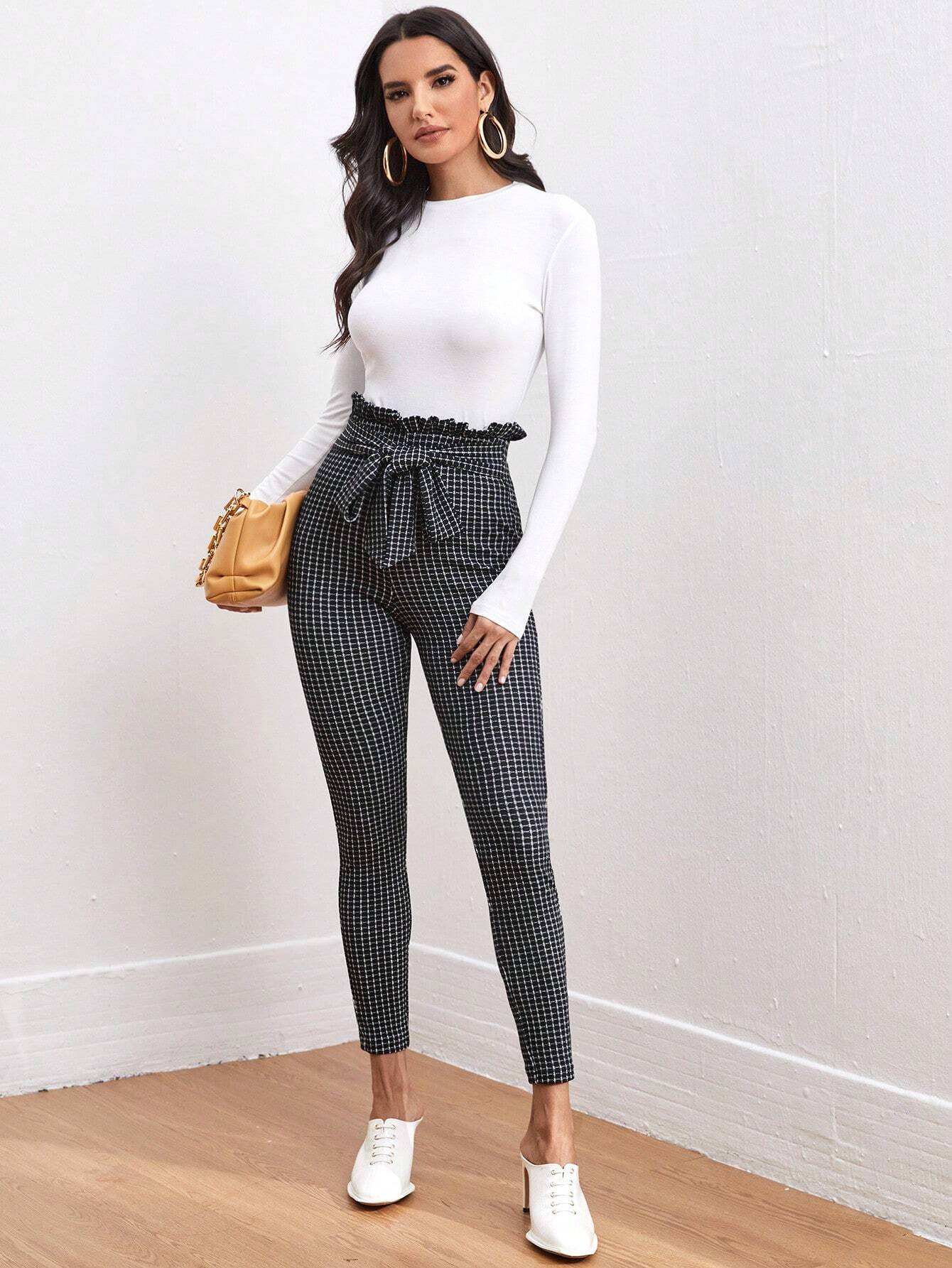SHEIN Clasi Tie Front Paperbag Waist Plaid Skinny Pants Workwear - Image 5