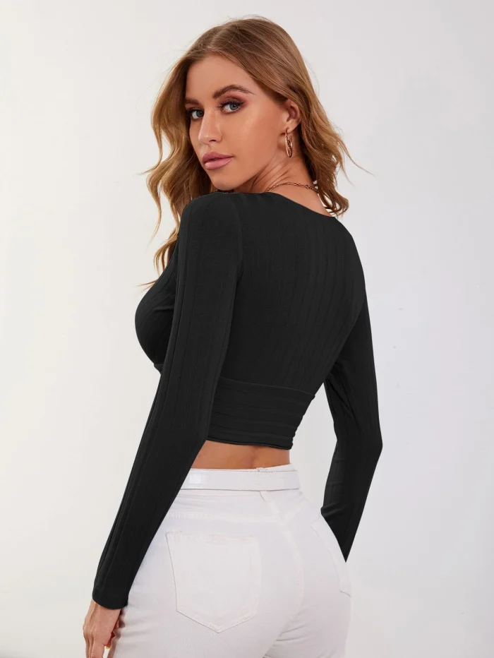 SHEIN Privé Women Spring Tops Surplice Neck Rib-Knit Crop Tee - Image 2