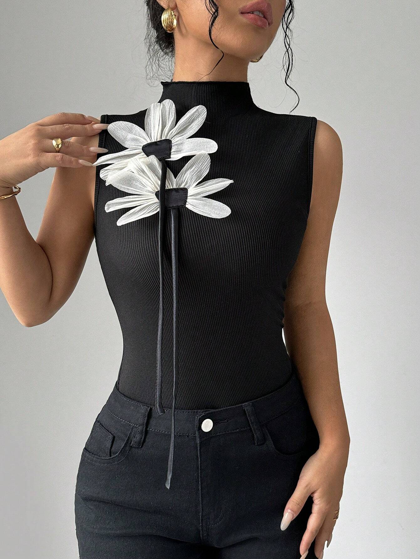 SHEIN Privé Women's Tight-Fitting Sexy 3D Mesh Floral Strap Camisole Top