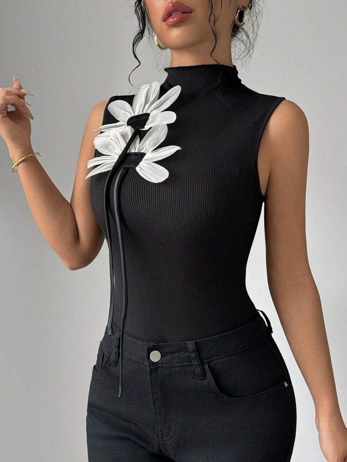 SHEIN Privé Women's Tight-Fitting Sexy 3D Mesh Floral Strap Camisole Top - Image 4