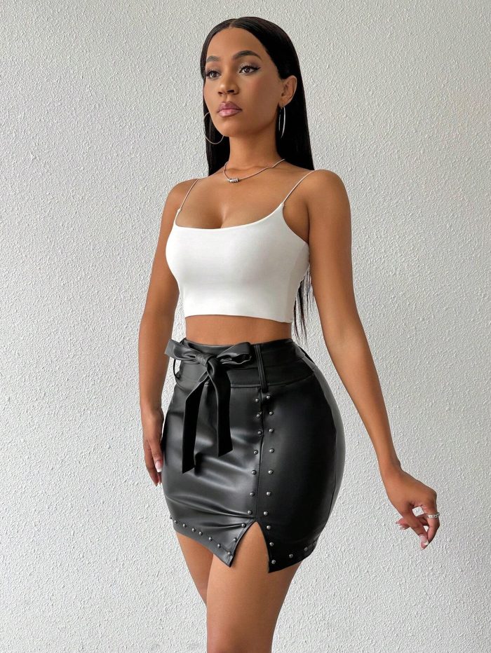 SHEIN Raffinéa Studded Detail Split Hem Belted PU Leather Skirt For Summer - Image 4