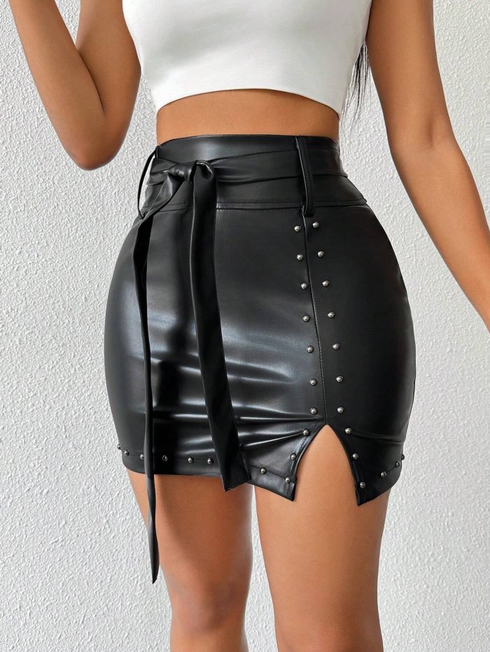 SHEIN Raffinéa Studded Detail Split Hem Belted PU Leather Skirt For Summer - Image 6
