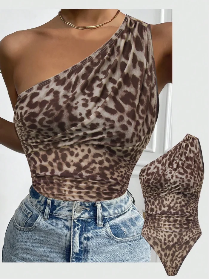 Women's Leopard Print Oblique Shoulder Bodysuit