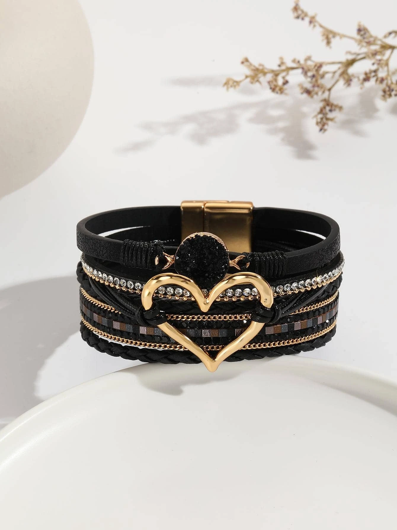 1pc Bohemian Layered Braided Detail Rhinestone & Heart Decor Bangle For Women
