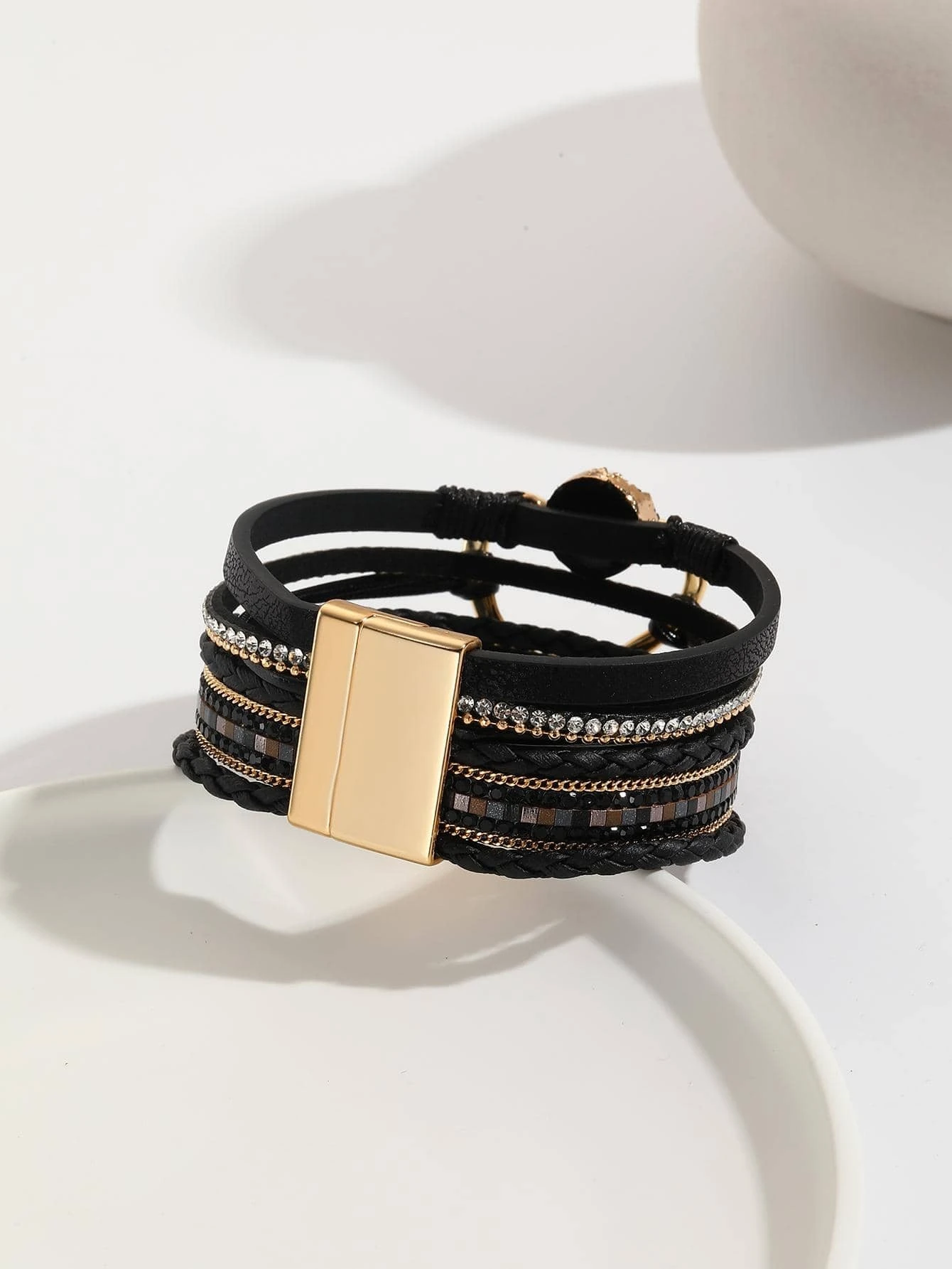 1pc Bohemian Layered Braided Detail Rhinestone & Heart Decor Bangle For Women - Image 2