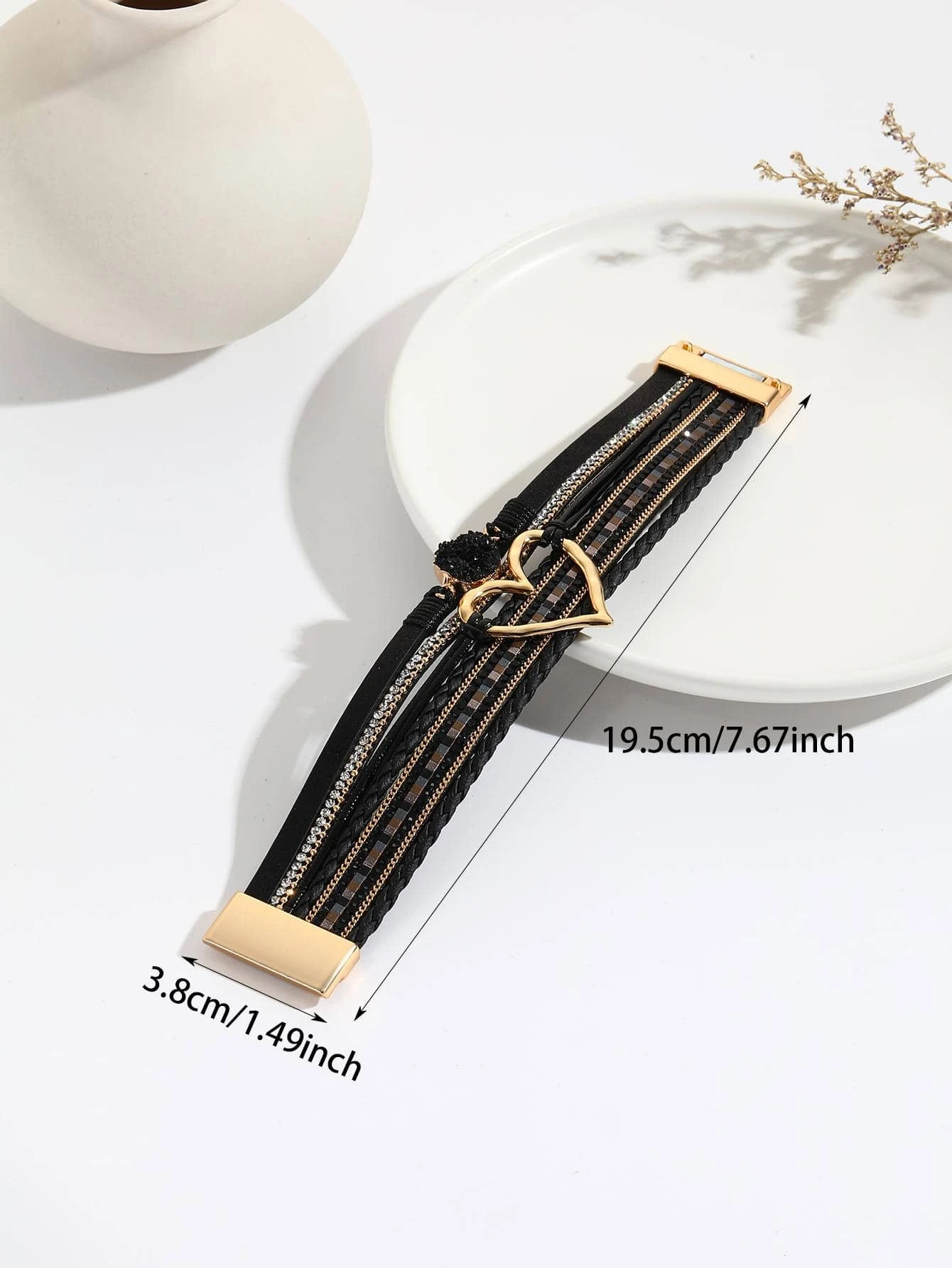 1pc Bohemian Layered Braided Detail Rhinestone & Heart Decor Bangle For Women - Image 3