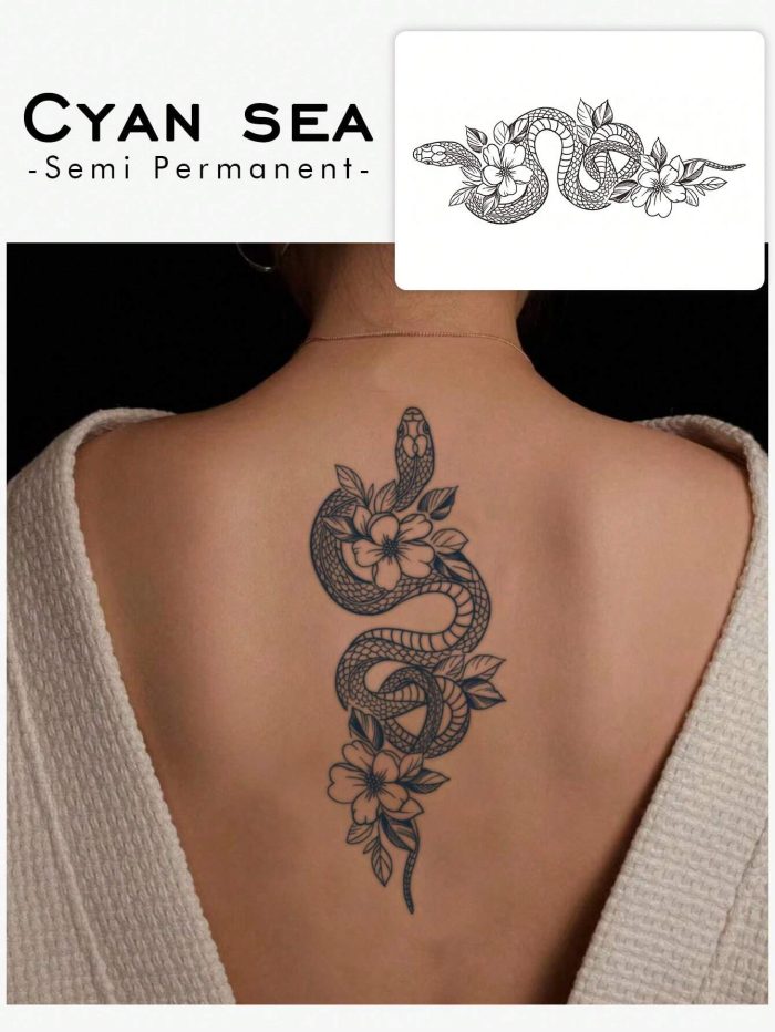 1pc Temporary Tattoo Sticker Of Coiled Snake & Flower Pattern, Lasting 7-14 Days