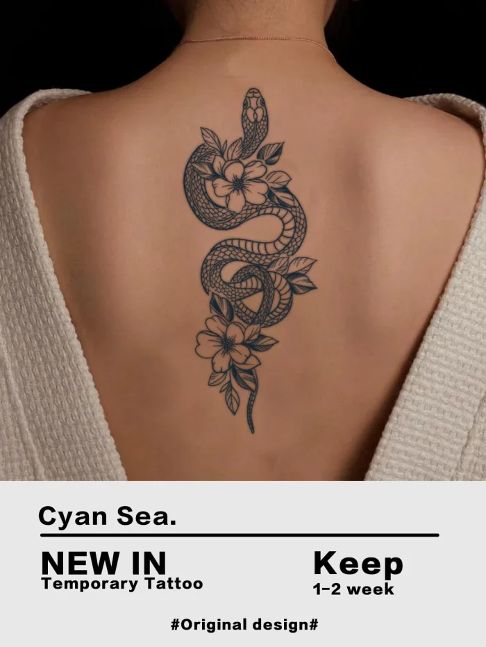 1pc Temporary Tattoo Sticker Of Coiled Snake & Flower Pattern, Lasting 7-14 Days - Image 2