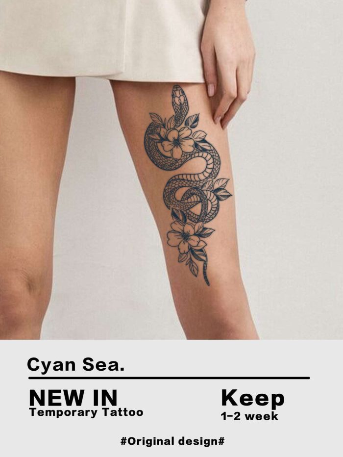 1pc Temporary Tattoo Sticker Of Coiled Snake & Flower Pattern, Lasting 7-14 Days - Image 3