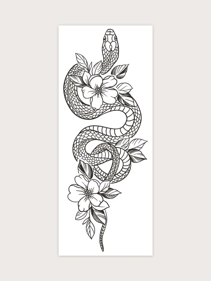 1pc Temporary Tattoo Sticker Of Coiled Snake & Flower Pattern, Lasting 7-14 Days - Image 4