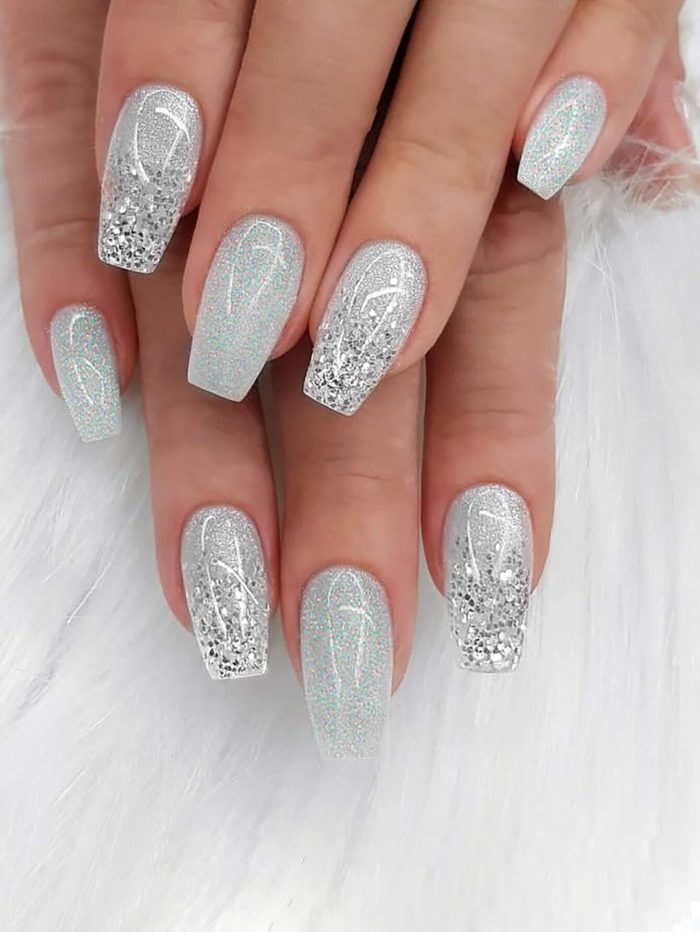 24pcs/Set Medium Long Coffin Shaped Silver Glitter False Nails