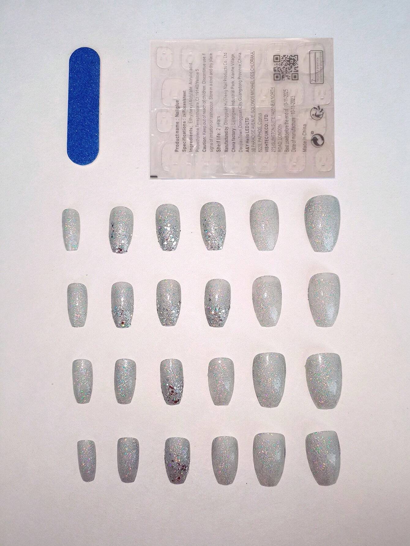 24pcs/Set Medium Long Coffin Shaped Silver Glitter False Nails - Image 2