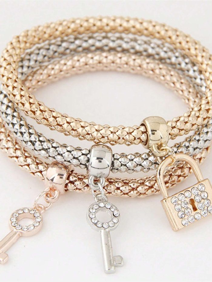 3pcs Rhinestone Decor Lock & Key Charm Bracelet - Image 2
