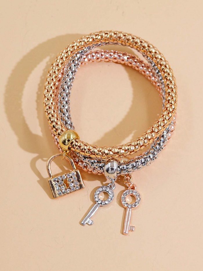 3pcs Rhinestone Decor Lock & Key Charm Bracelet - Image 4