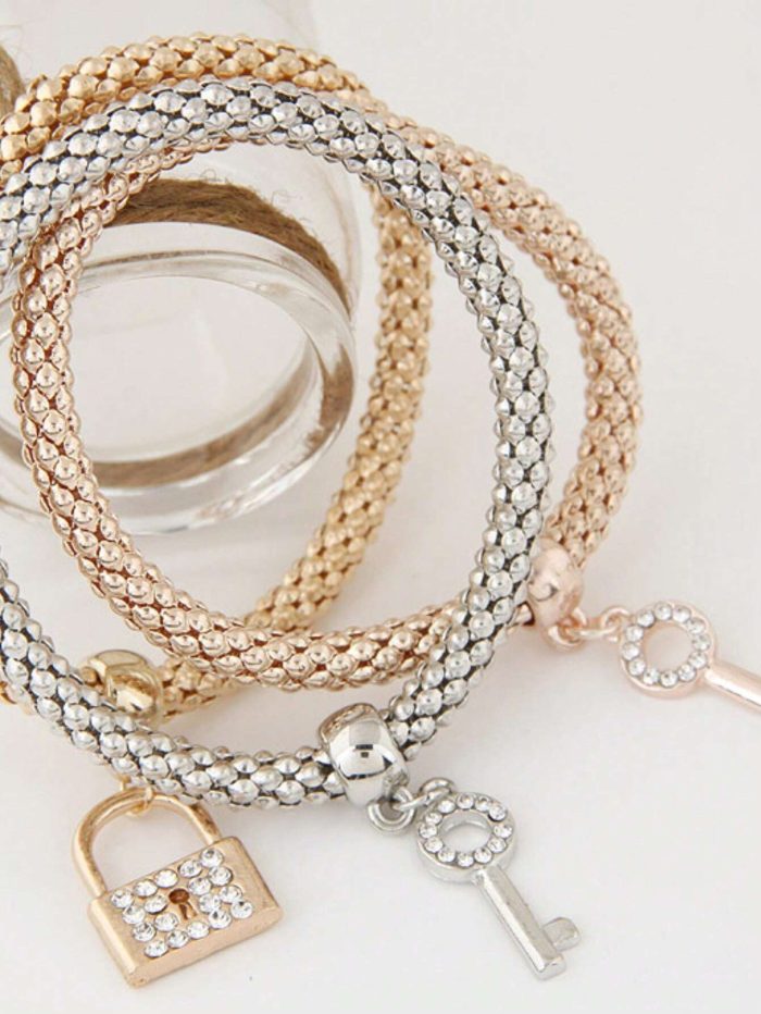 3pcs Rhinestone Decor Lock & Key Charm Bracelet - Image 3