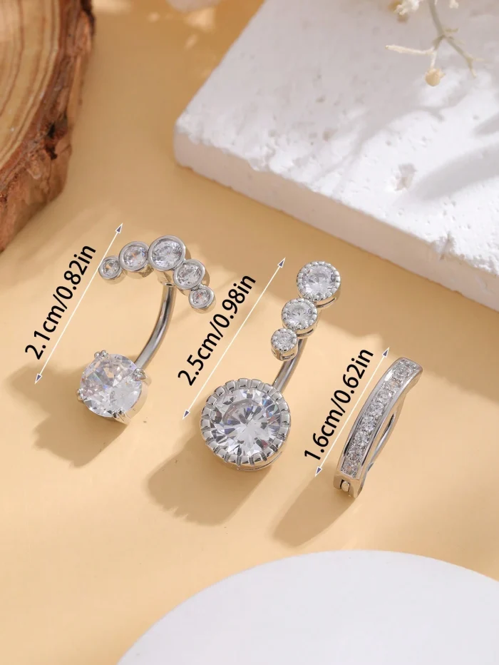 3pcs Stainless Steel Belly Button Rings Set Classic Short With Inlay Women's Sexy Piercing Jewelry - Image 2