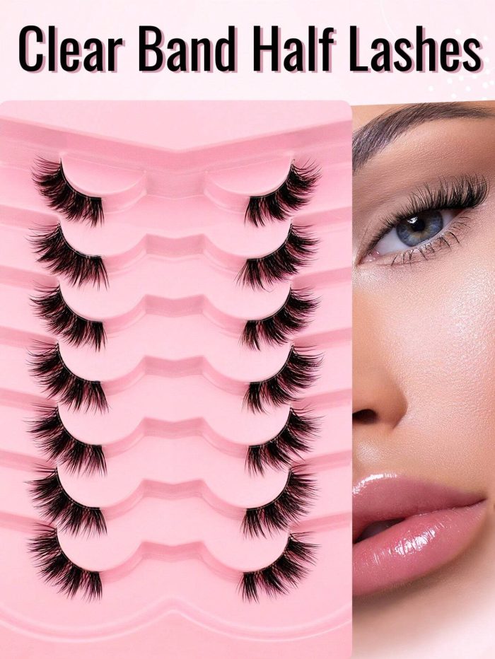 7 Pairs Half Lashes Cat Eye With Clear Band Wispy False Eyelashes Natural Look 3/4 Corner Lashes Short Accent Lashes