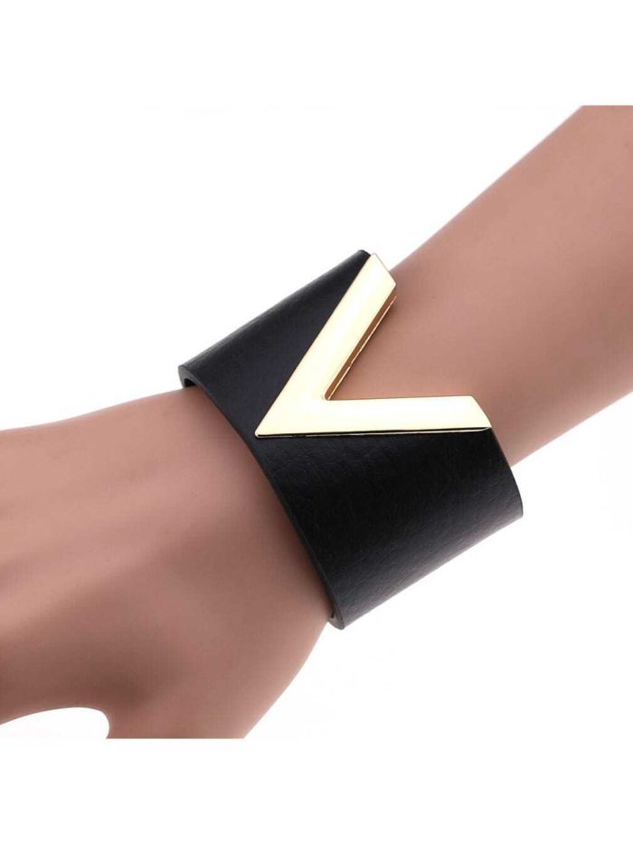 Black Wide V Shape PU Leather Bracelets Cuff Punk For Women Men Metal Wristbands Cosplay Jewelry