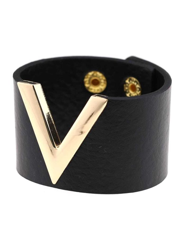 Black Wide V Shape PU Leather Bracelets Cuff Punk For Women Men Metal Wristbands Cosplay Jewelry - Image 2