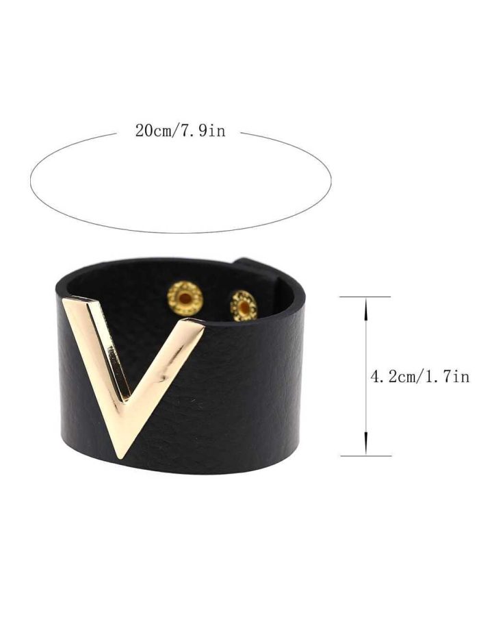 Black Wide V Shape PU Leather Bracelets Cuff Punk For Women Men Metal Wristbands Cosplay Jewelry - Image 3