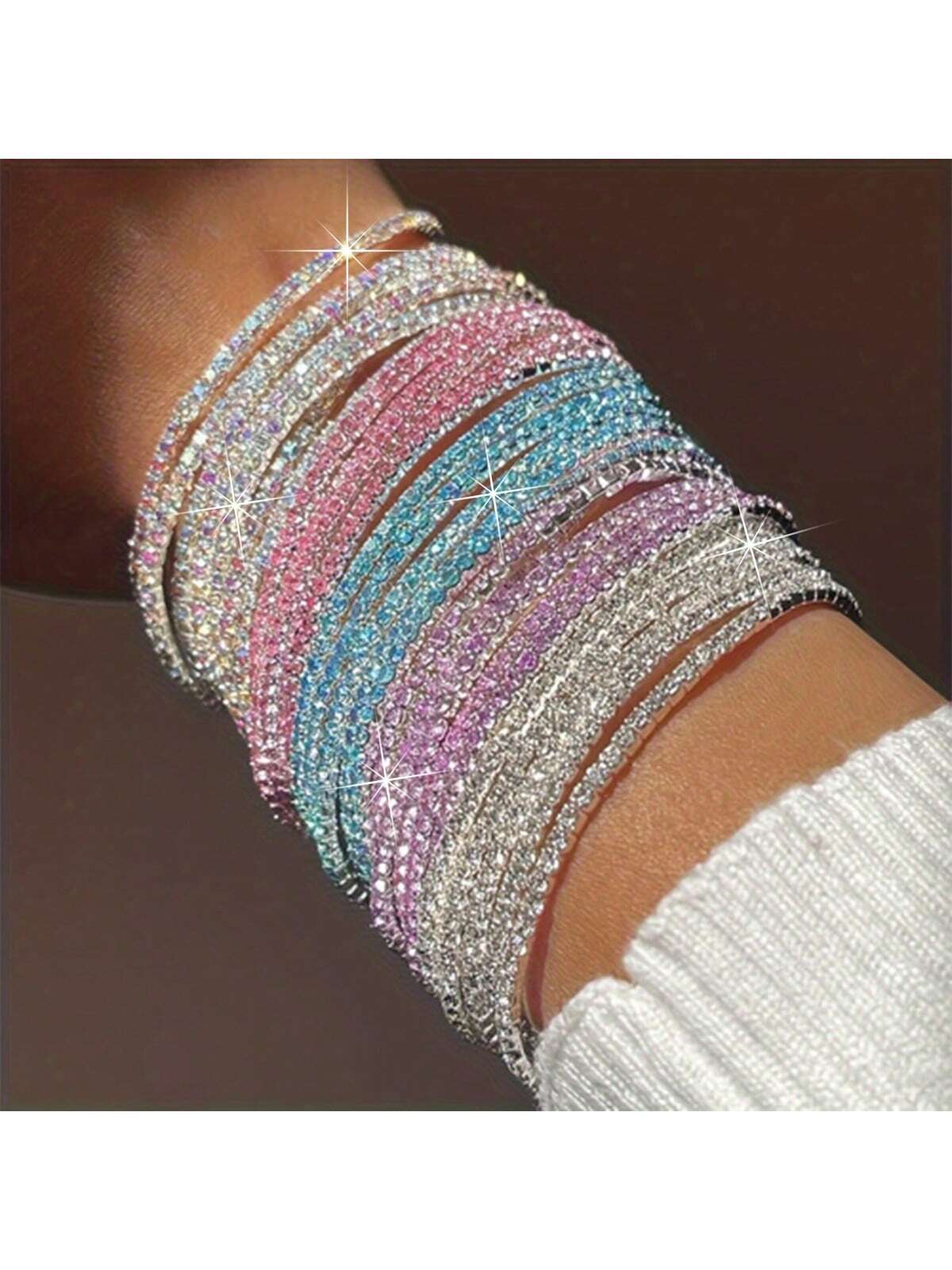 10 Pcs Set Of Exquisite Colorful Rhinestones Inlaid Bracelet Alloy Jewelry Bohemian Luxury Style Female Party Stackable