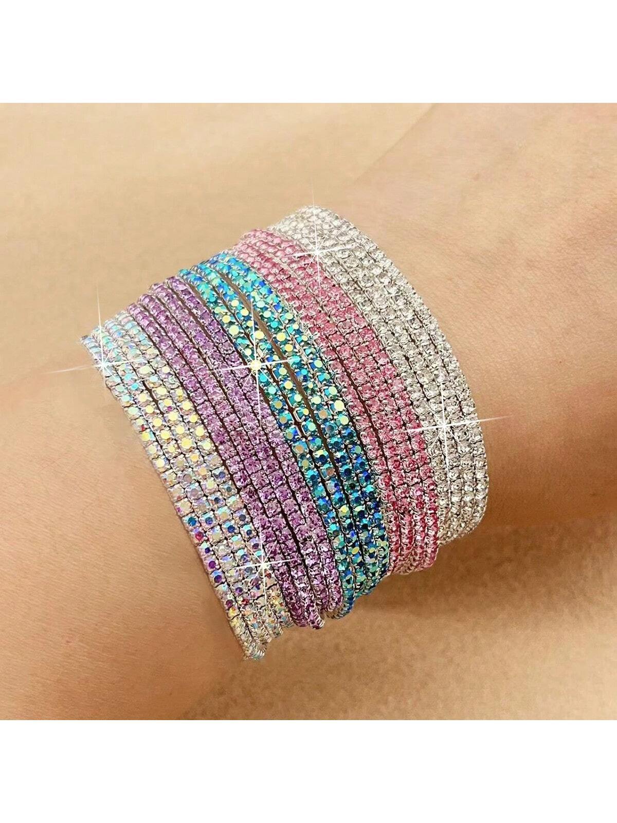 10 Pcs Set Of Exquisite Colorful Rhinestones Inlaid Bracelet Alloy Jewelry Bohemian Luxury Style Female Party Stackable - Image 3
