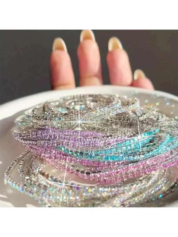10 Pcs Set Of Exquisite Colorful Rhinestones Inlaid Bracelet Alloy Jewelry Bohemian Luxury Style Female Party Stackable - Image 2