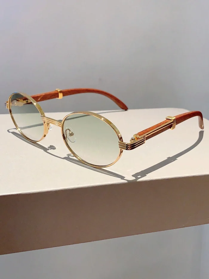 New Retro Oval Frame Fashion Glasses With Trendy Design And Wood-Grain Textured Arms Vintage Shades