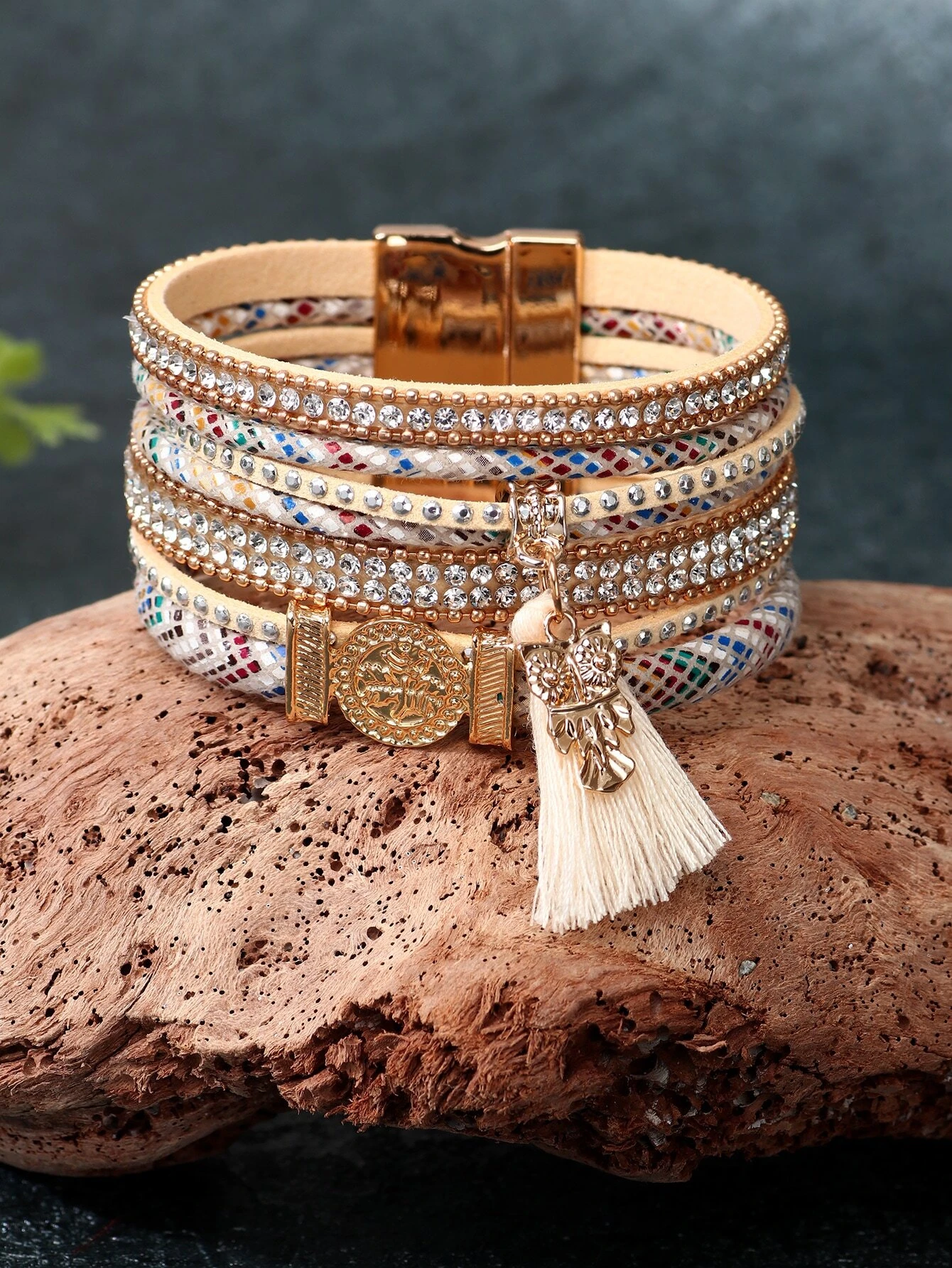 Owl & Tassel Charm Rhinestone Decor Bracelet