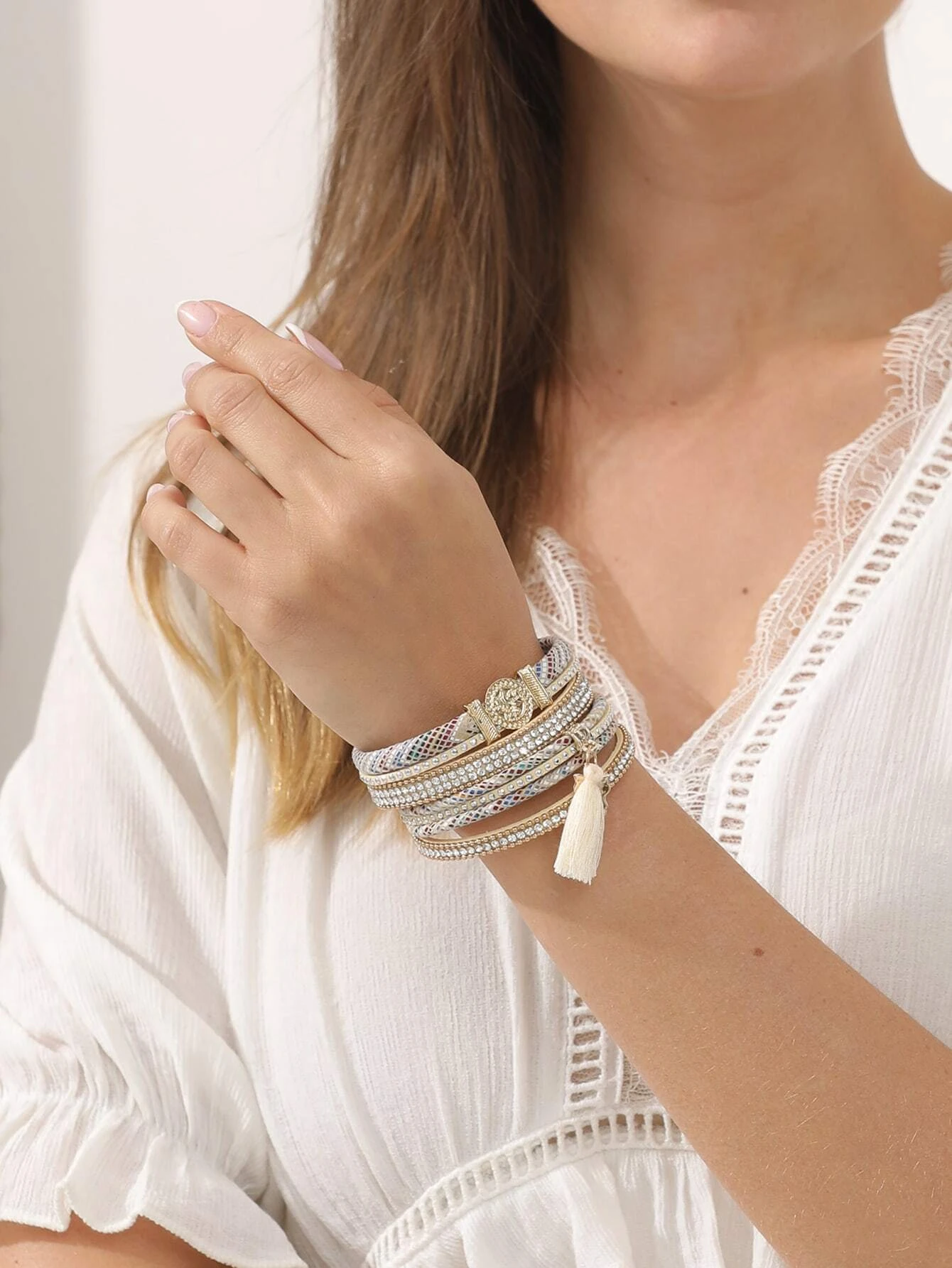 Owl & Tassel Charm Rhinestone Decor Bracelet - Image 2